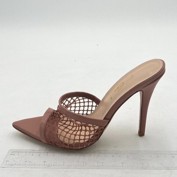 FSJ Tan Mesh High Heel Sandals Mules Peep Toe Slide Slip On Summer Dress Shoes - Picture 2 of 8
